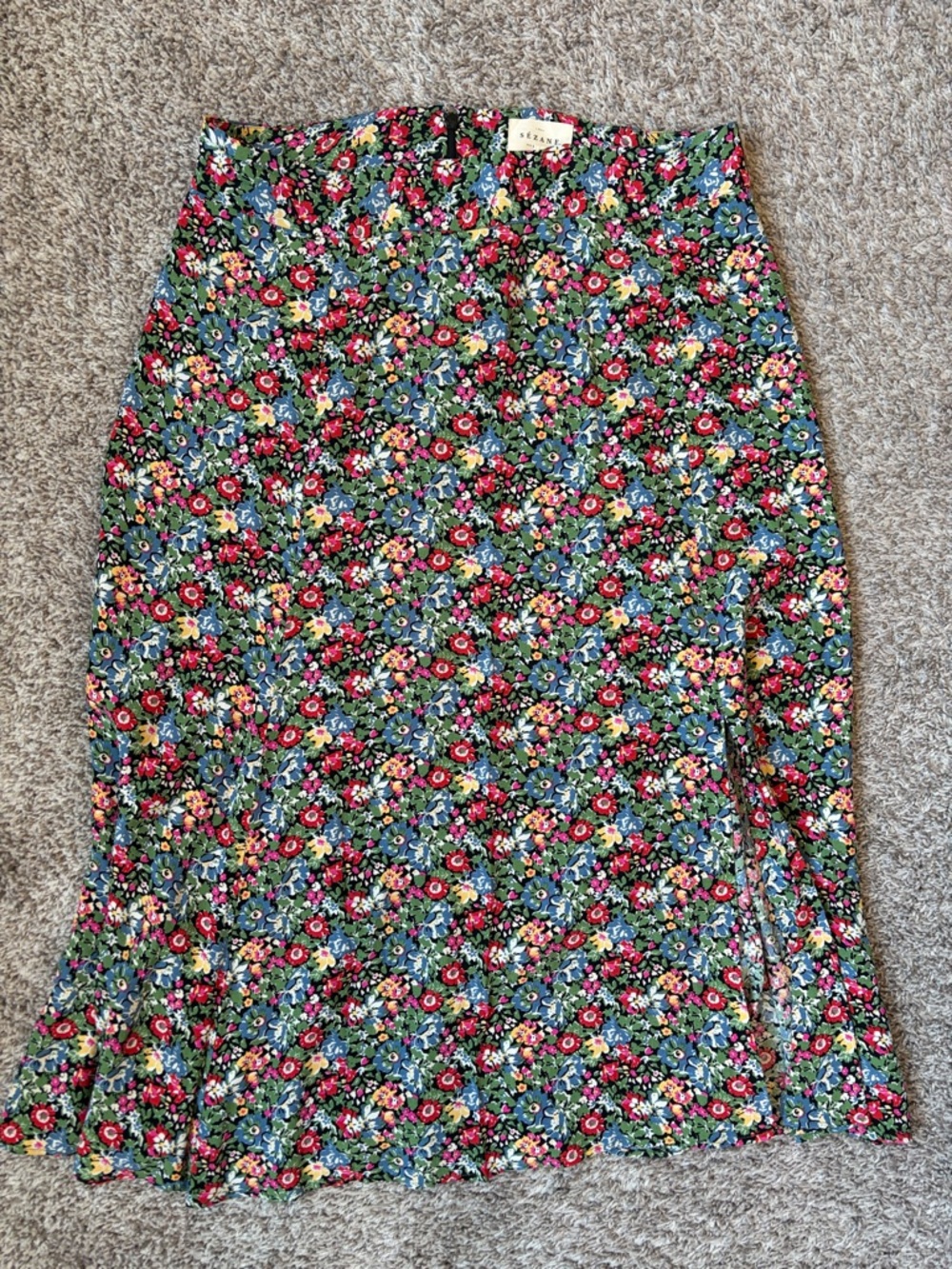 SEZANE Green Floral Midi Skirt with Multicolor Blooms